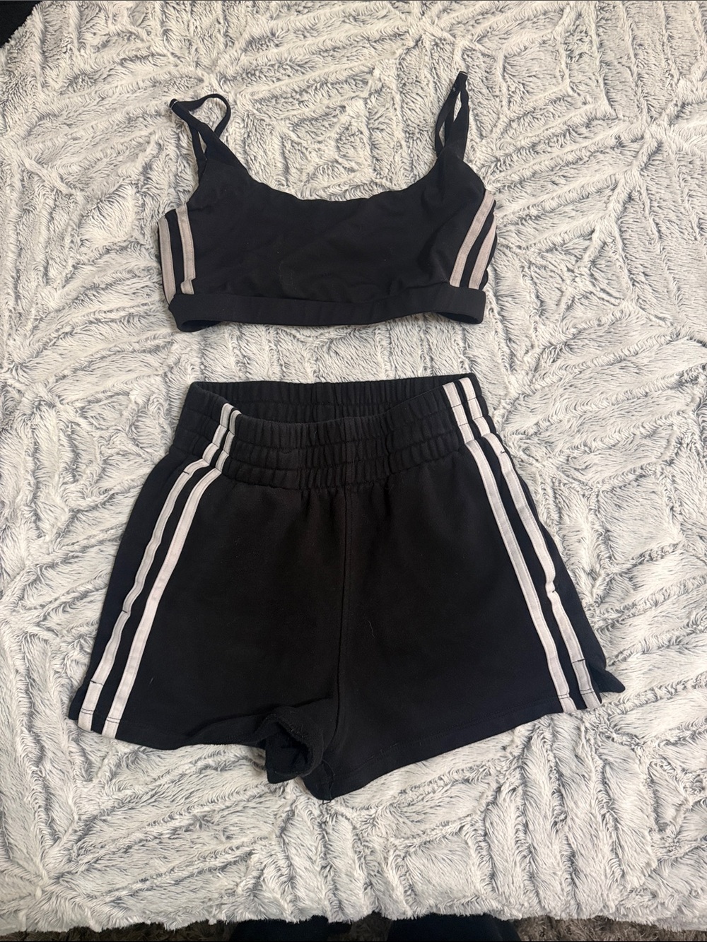 White Fox Boutique Black Lounge Crop Top & Shorts with White Stripes